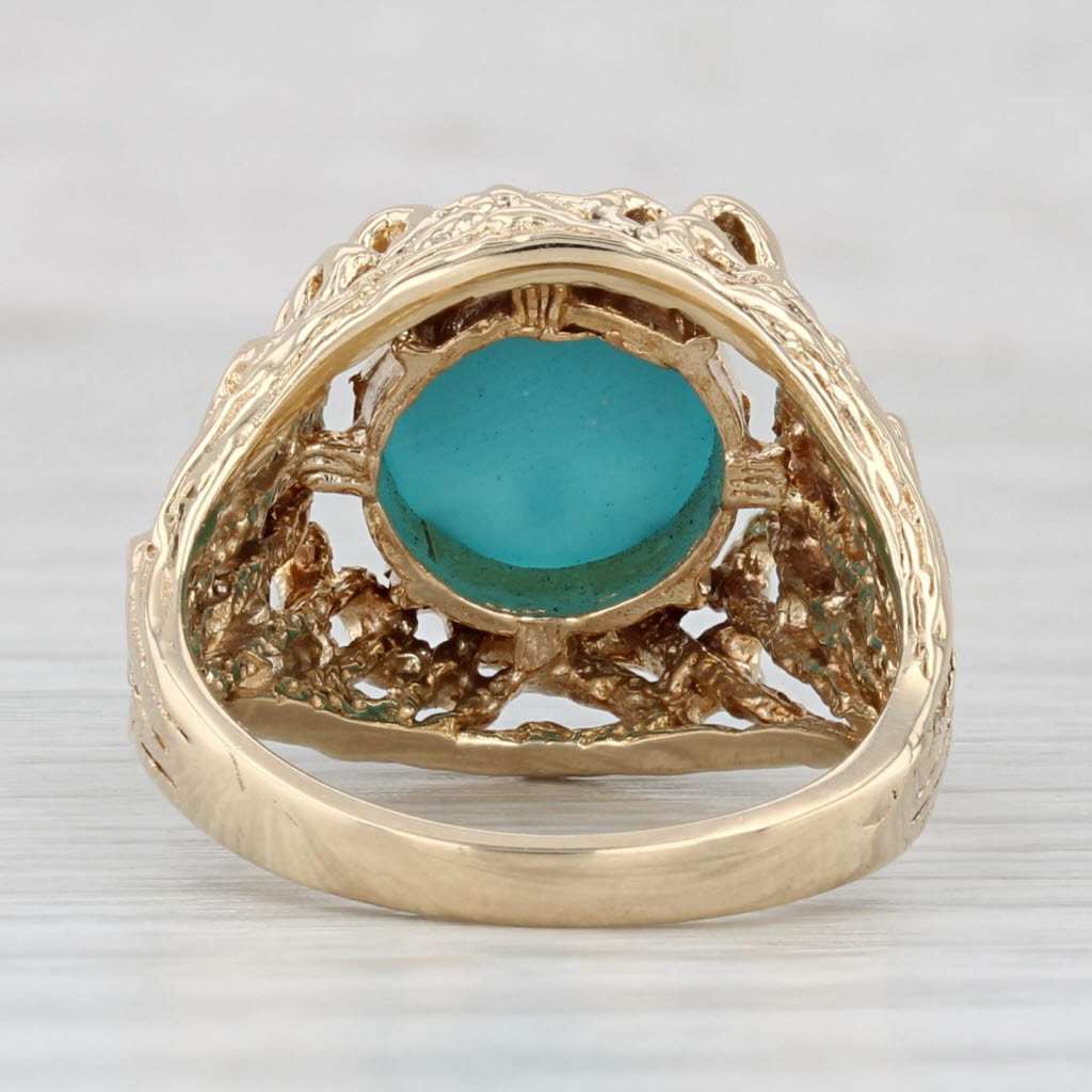 Light Gray Simulated Turquoise Ring 14k Gold Round Cabochon Size 6.5 Ornate Openwork