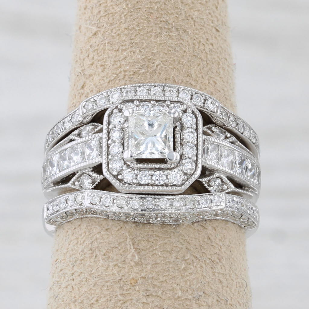 Gray 1.45ctw Diamond Halo Engagement Ring Wedding Band Bridal Set 14k White Gold