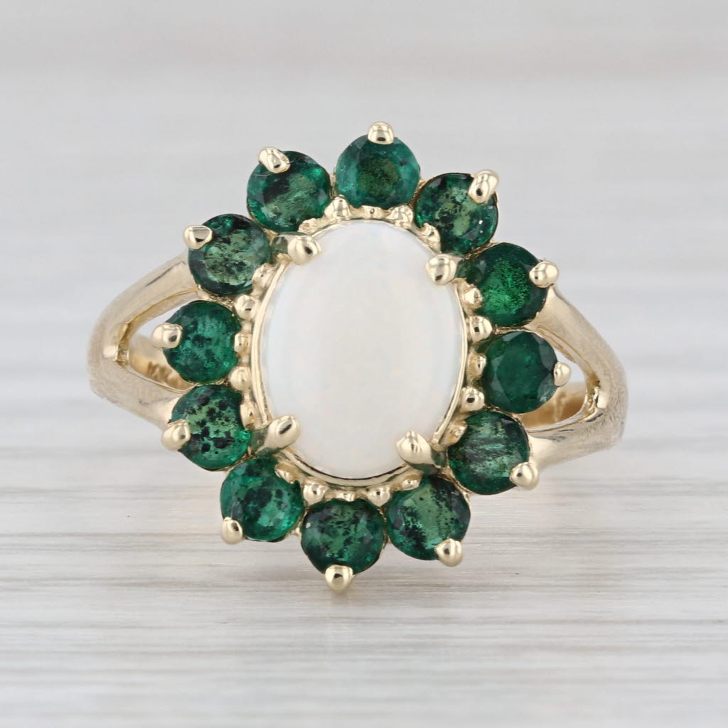 Opal Cabochon 1.20ctw Emerald Halo Ring 14k Yellow Gold Size 7