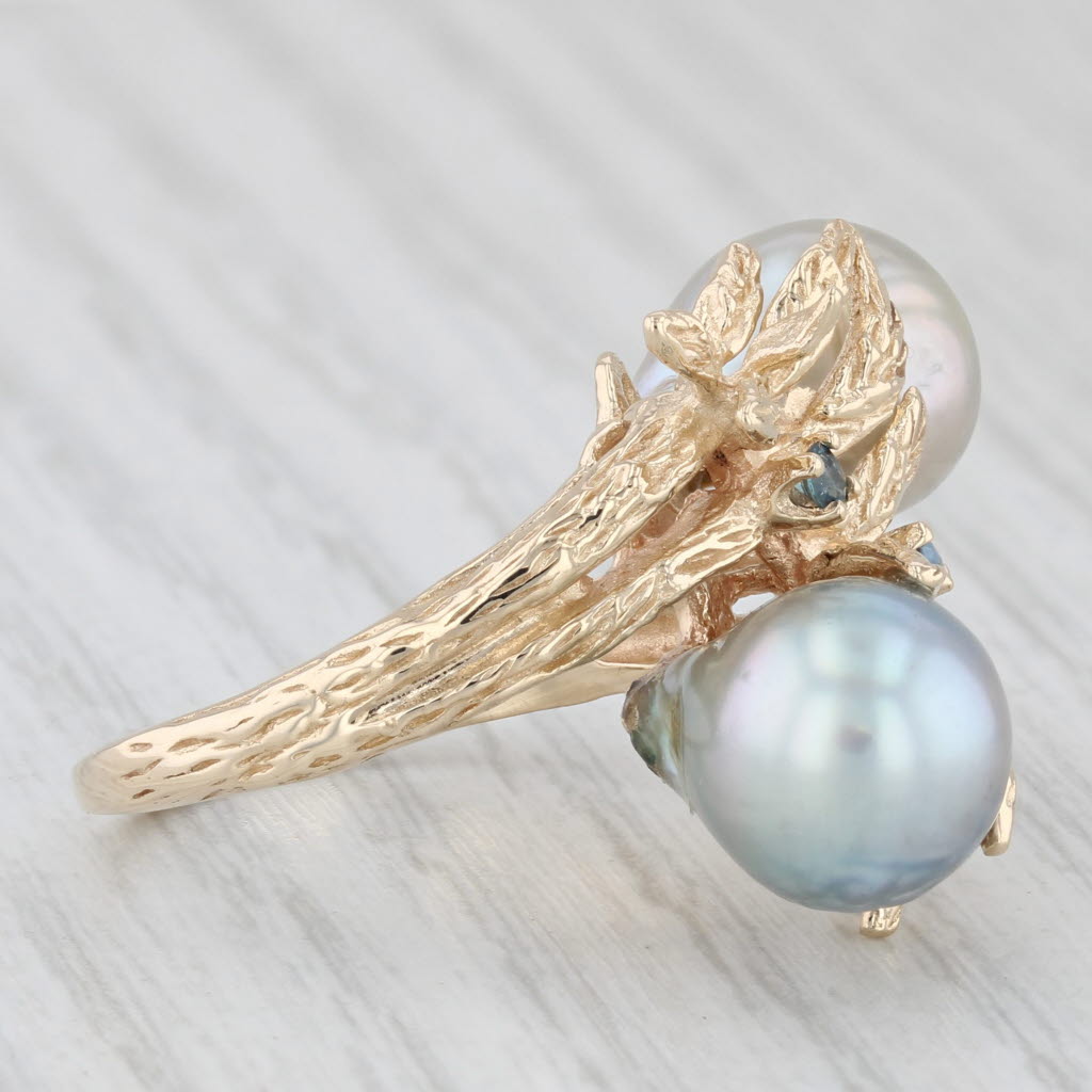 Light Gray Gray Baroque Pearl Sapphire Flower Ring 14k Yellow Gold Size 7.25 Cocktail