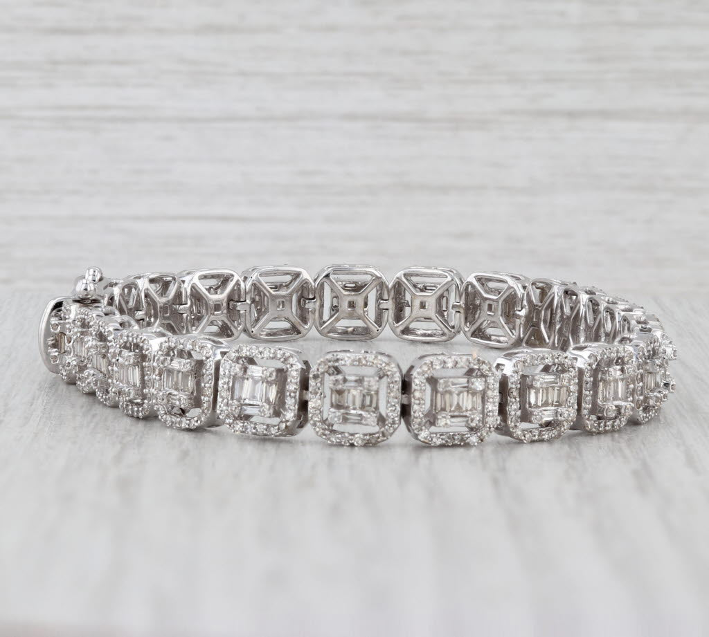 Light Gray 4.05ctw Diamond Halos Tennis Bracelet 10k White Gold 7.75" 7.8mm