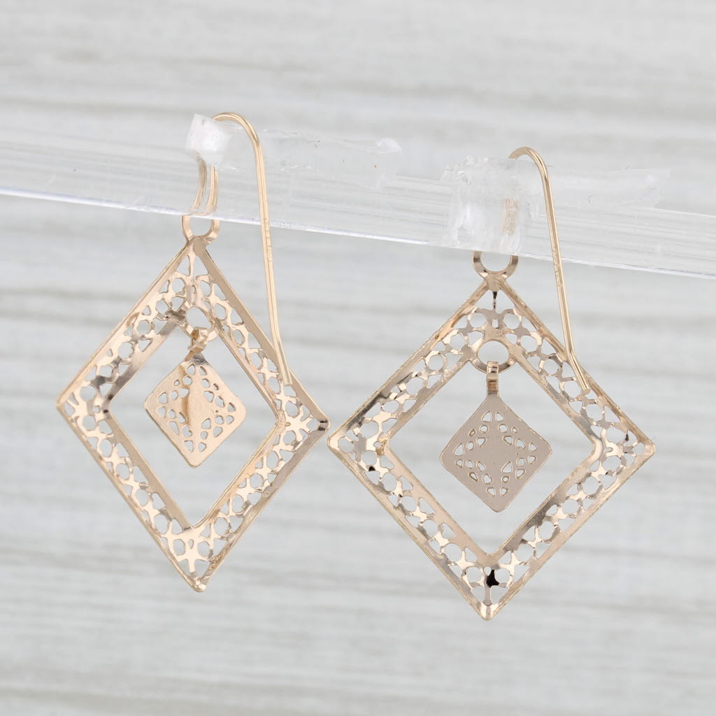 Light Gray Filigree Square Dangle Earrings 14k Yellow Gold Hook Posts