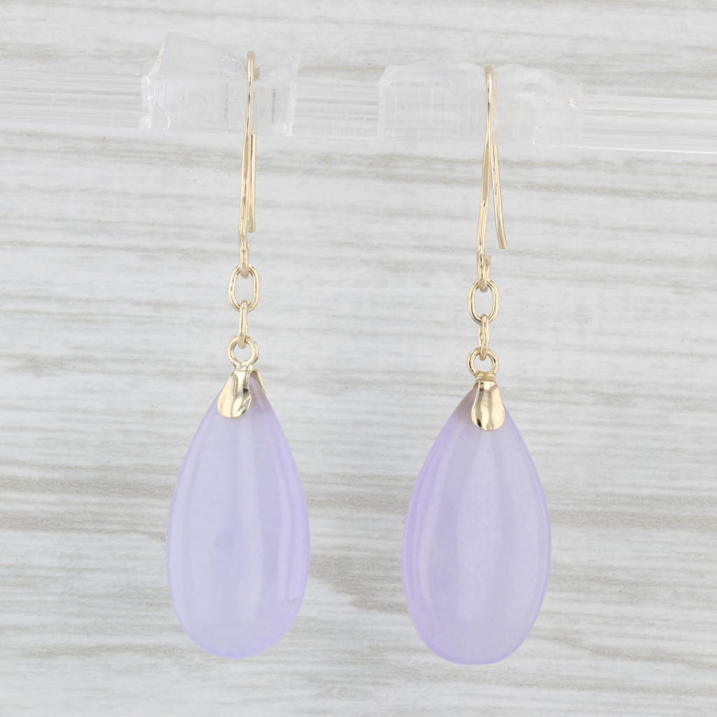 Light Gray Dyed Lavender Chalcedony Dangle Earrings 14k Yellow Gold Hook Posts