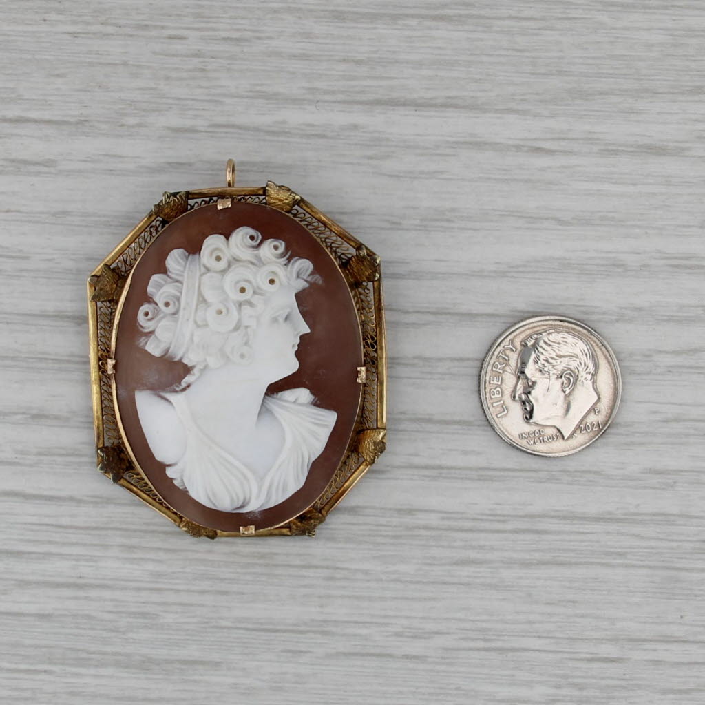 Vintage Shell Cameo Brooch Pendant 14k Yellow Gold Carved Figural Pin