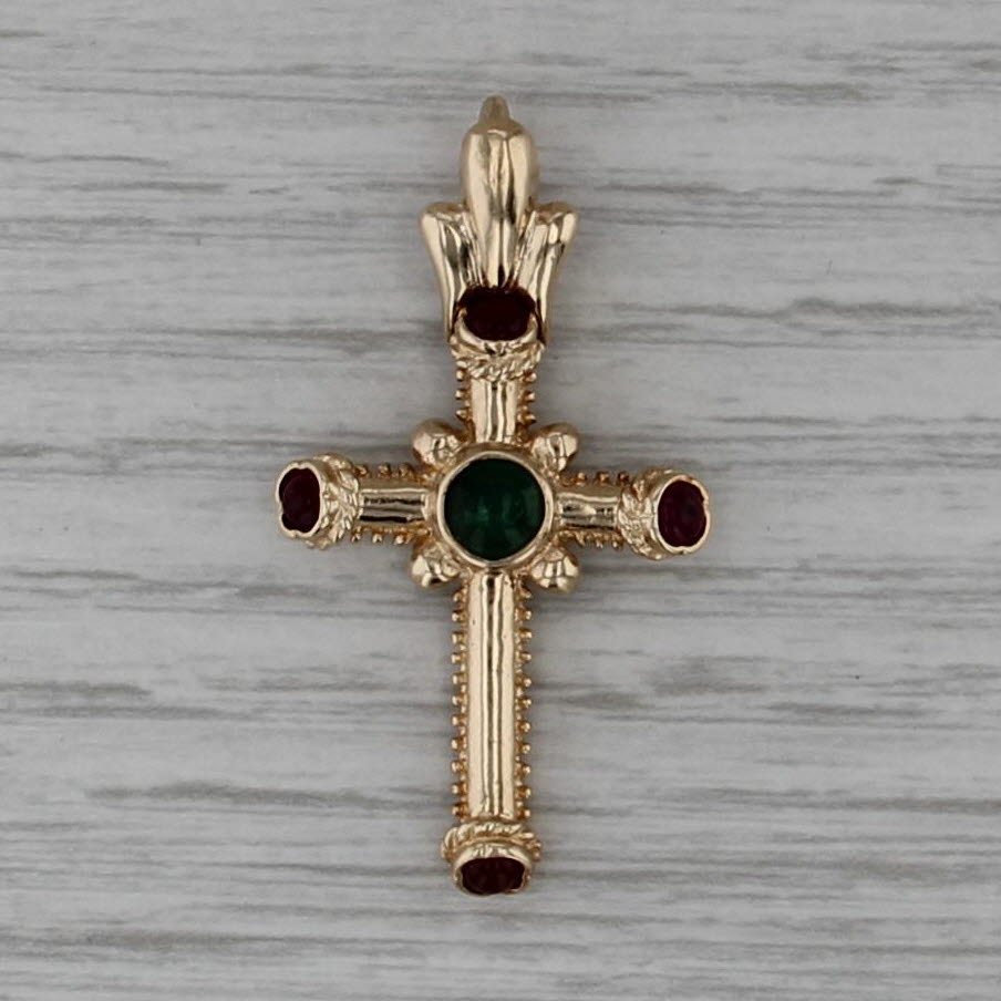 Emerald Ruby Cabochon Cross Pendant 10k Yellow Gold