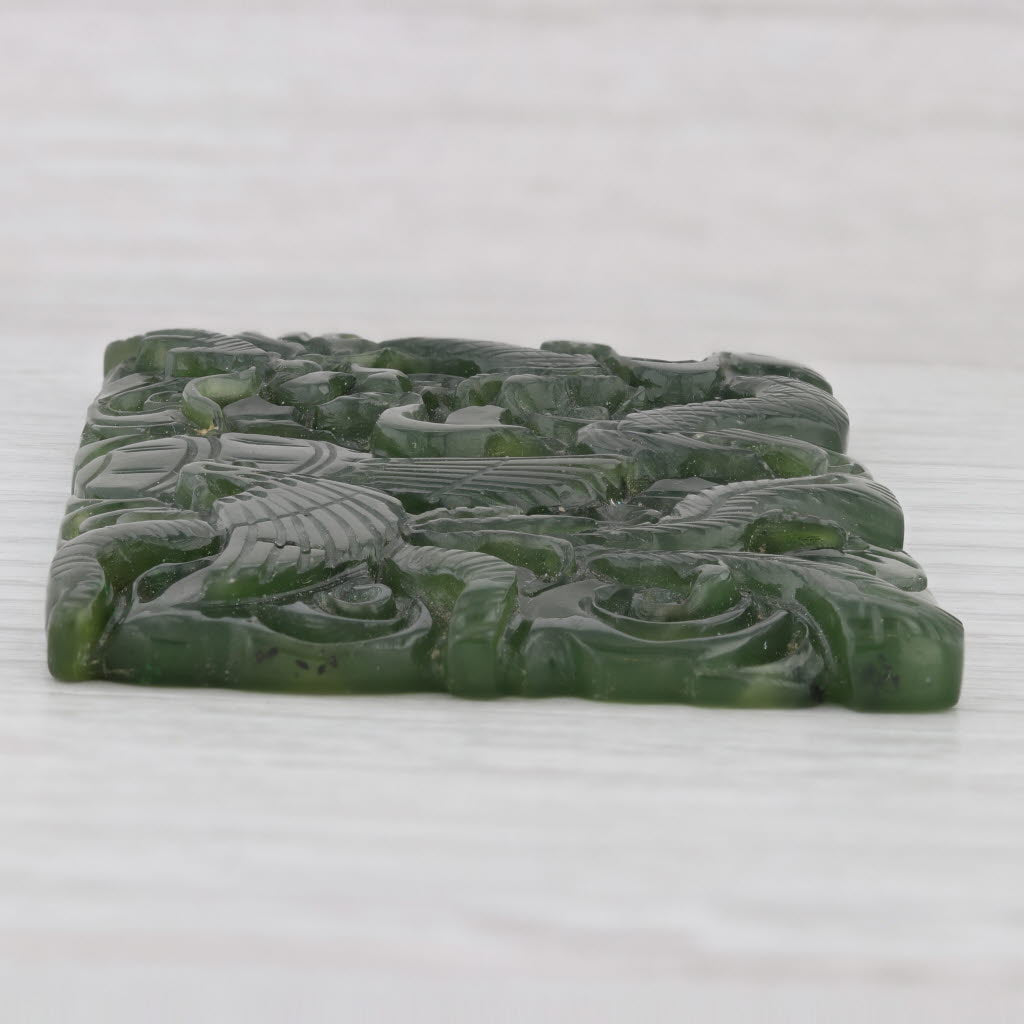 Dark Slate Gray Ornate Carved Nephrite Jade Chinese Dragon Phoenix w/ Paper Rectangle Plaque