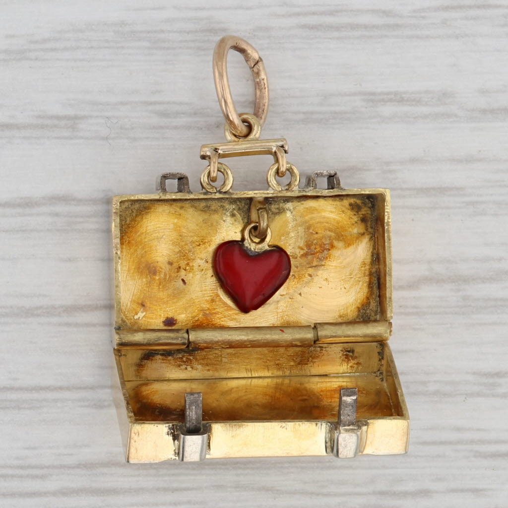 Gray Vintage French Suitcase Souvenir Charm 18k Gold Enamel Opens Heart Inside