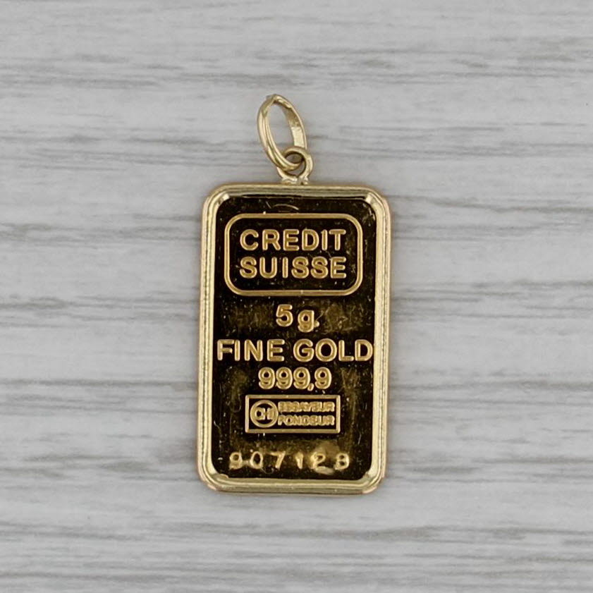 Credit Suisse 5 Gram Fine Gold 999.9 Bar Pendant Charm 18k 14k Frame