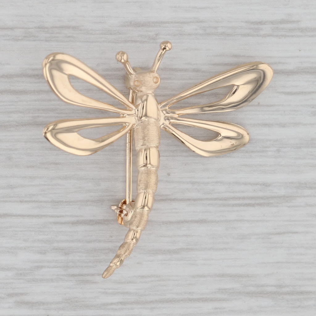 Gray Dragonfly Brooch 14k Yellow Gold Pin Insect Bug Jewelry