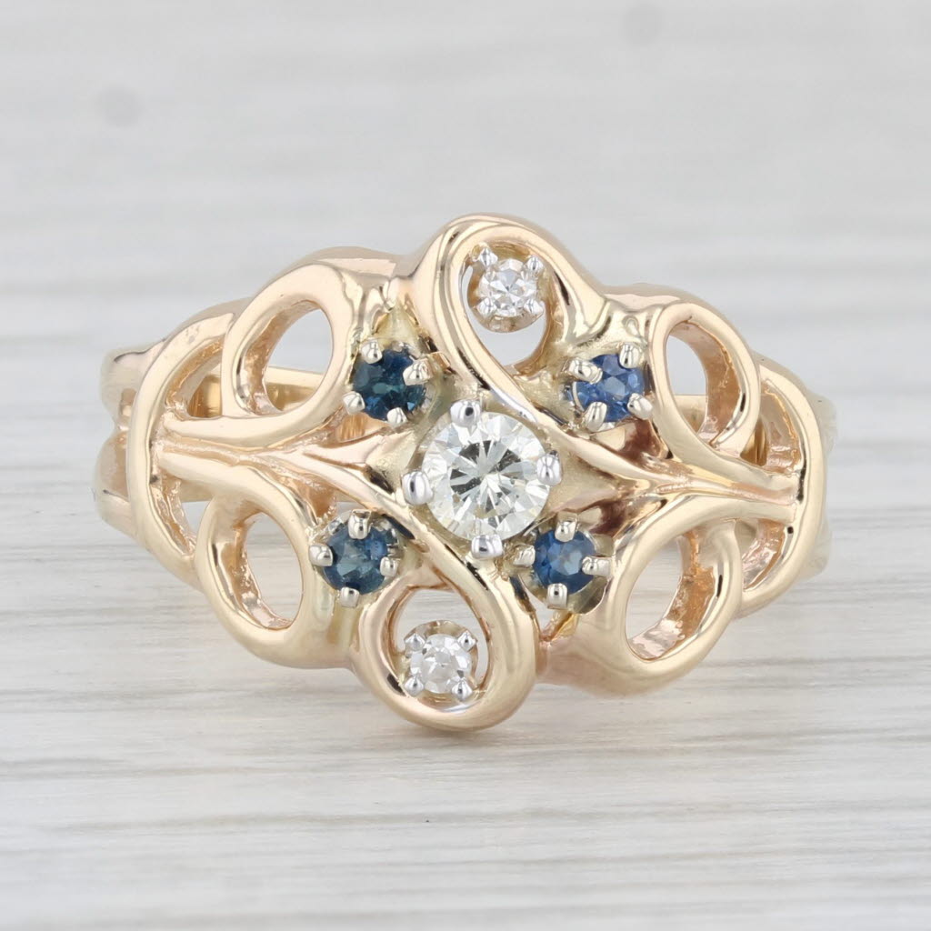 Light Gray 0.26ctw Diamond Blue Sapphire Ring 14k Yellow Gold Openwork Size 6.5