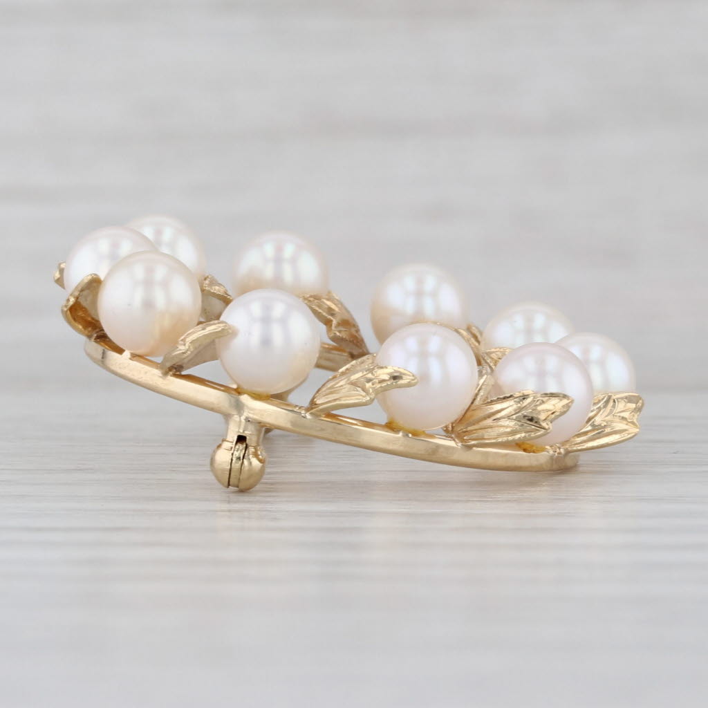 Mikimoto Cultured Pearl Wreath Brooch 14k Yellow Gold Floral Pin