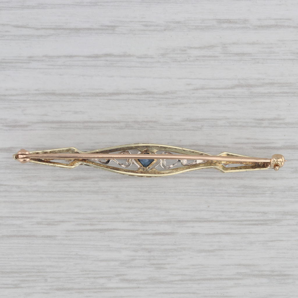 Gray Seed Pearl Lab Created Blue Sapphire Ornate Bar Pin 14k Gold Brooch