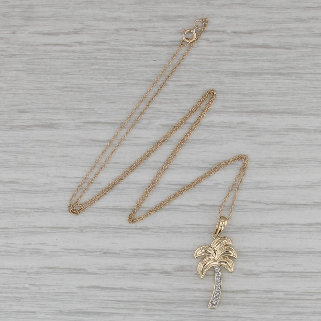 Diamond Palm Tree Pendant Necklace 14k Yellow Gold 18.25" Rope Chain