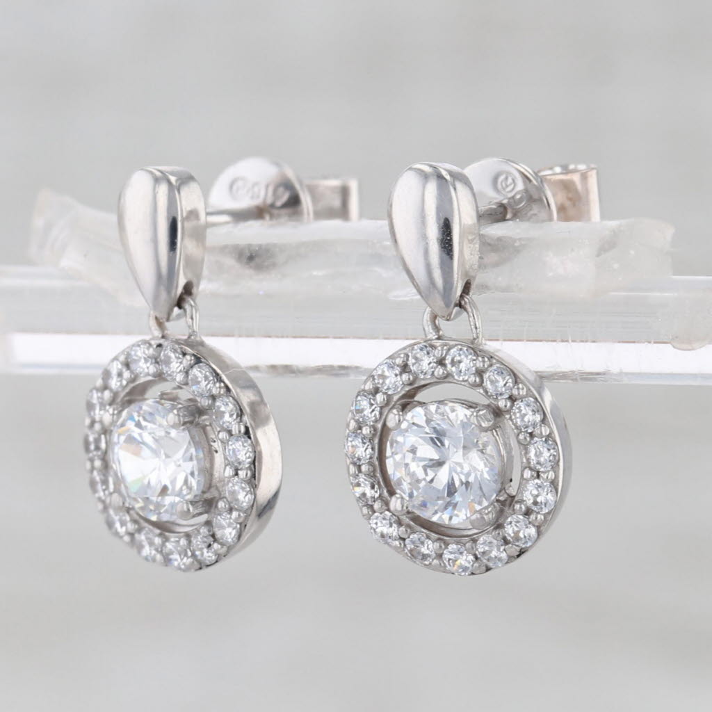 0.90ctw Cubic Zirconia Halo Dangle Earrings 10k White Gold Drops