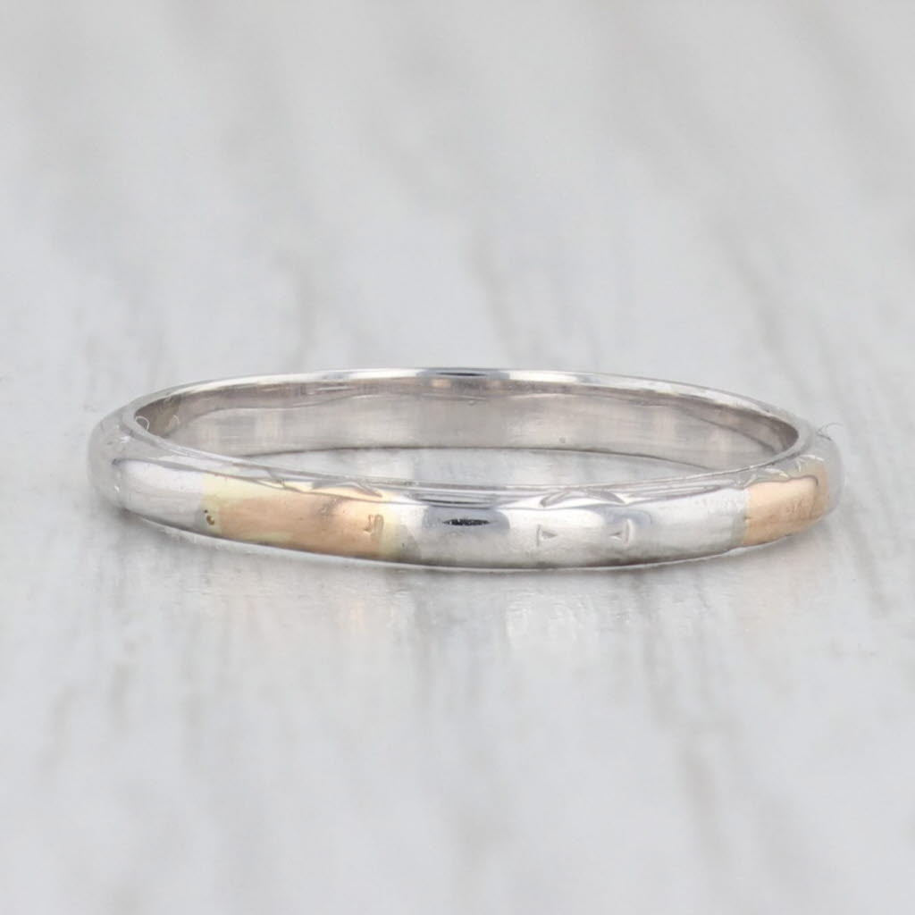 Light Gray Art Deco Etched 2-Toned Band 18k White Yellow Gold Wedding Stackable Ring