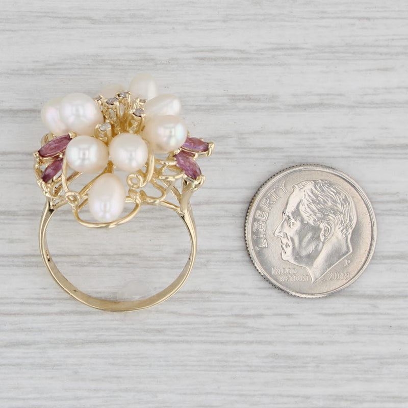 Light Gray 1.06ctw Pink Sapphire Diamond Cultured Pearl Cluster Ring 14k Gold Cocktail