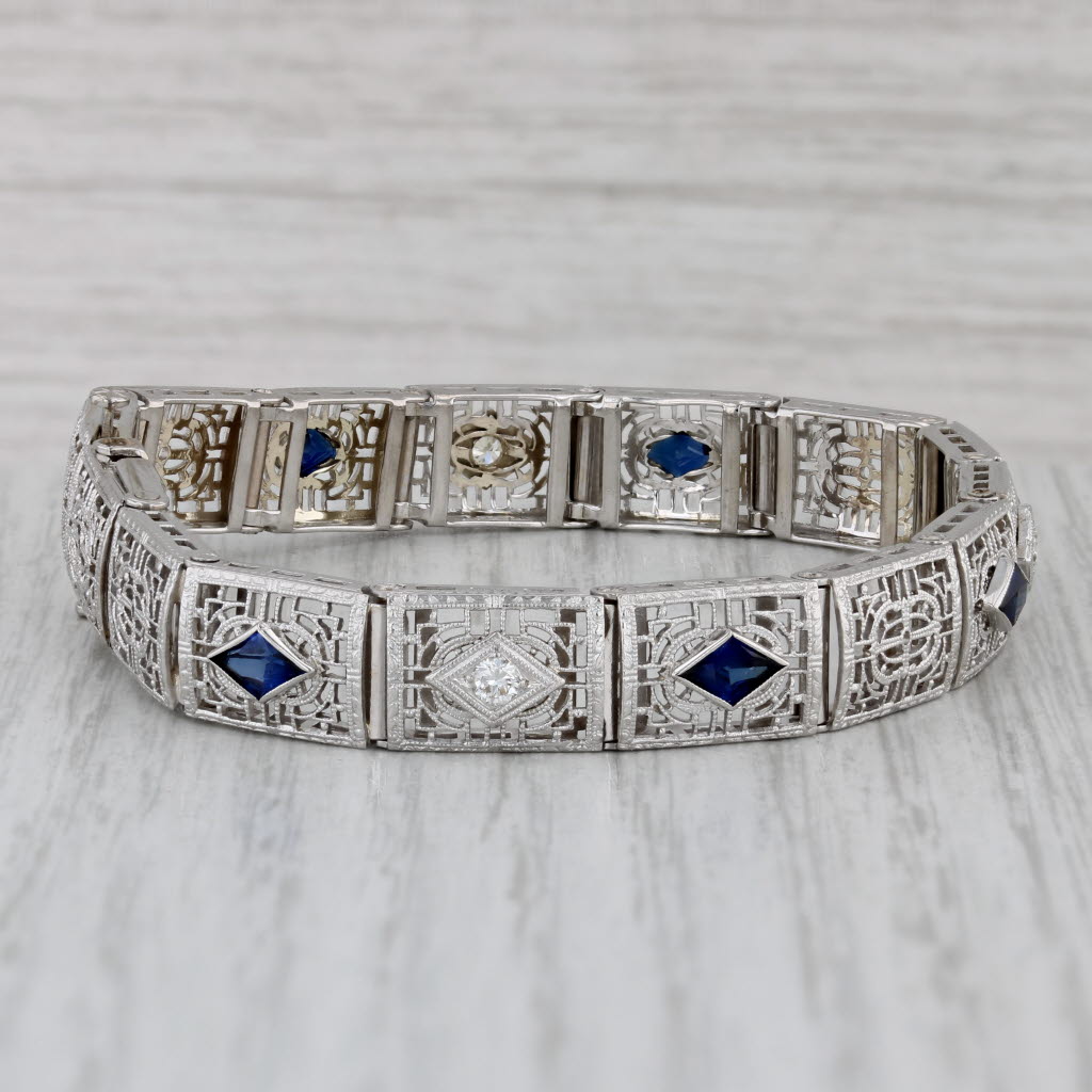 Gray Art Deco 1.74ctw Blue Lab Created Sapphire Diamond Filigree Bracelet 14k Gold