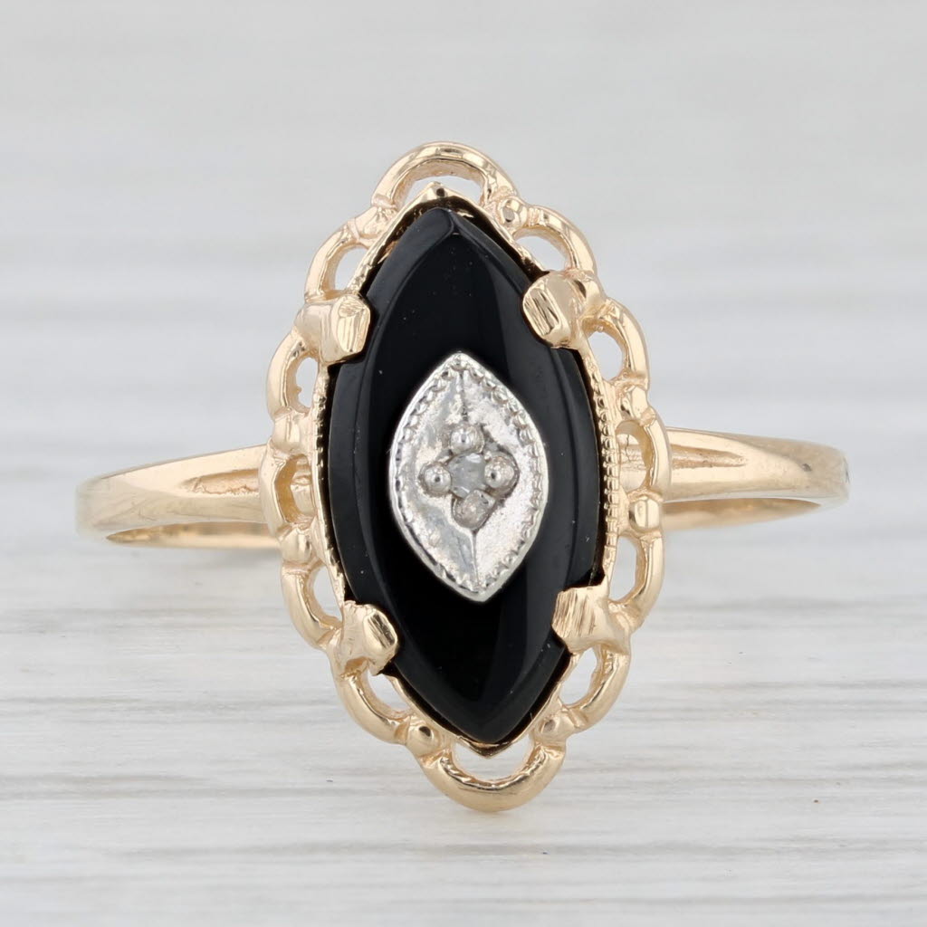 Light Gray Marquise Onyx Diamond Signet Ring 10k Yellow Gold Size 6.25 Vintage