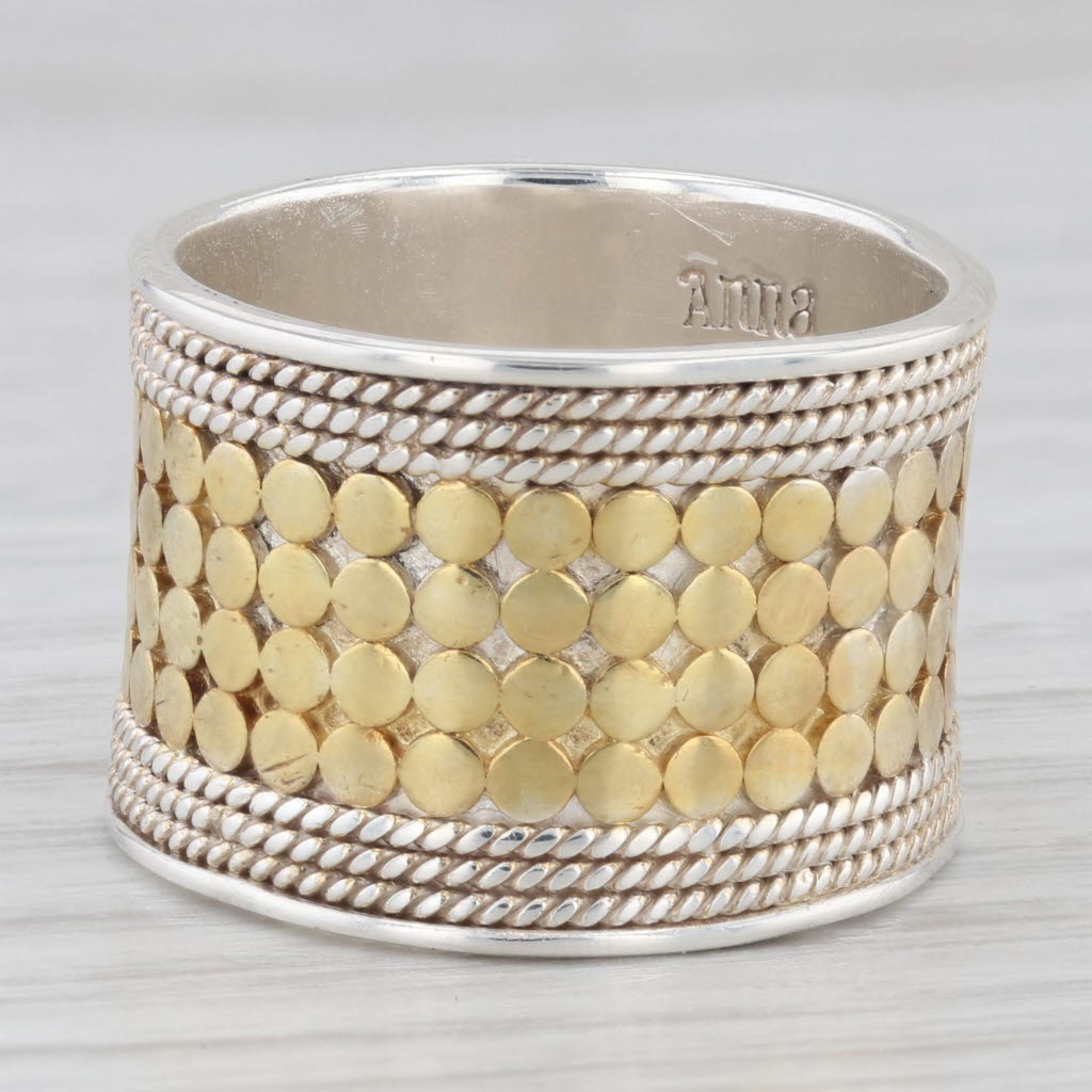 Light Gray Anna Beck Classic Wide Band Dots Ring Sterling Silver Gold Plated Size 8