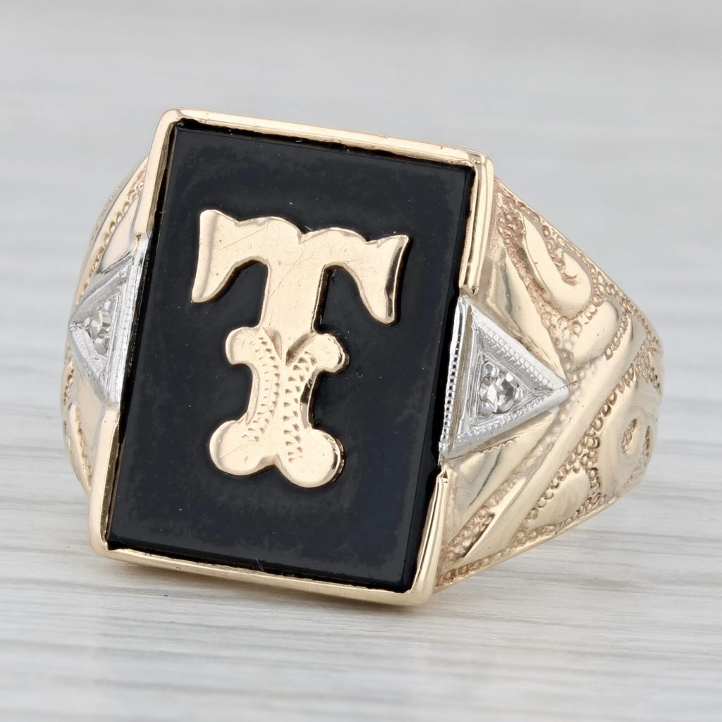 Light Gray Letter Initial T Onyx Diamond Signet Ring 10k Yellow Gold Ornate Men's Size 9.75