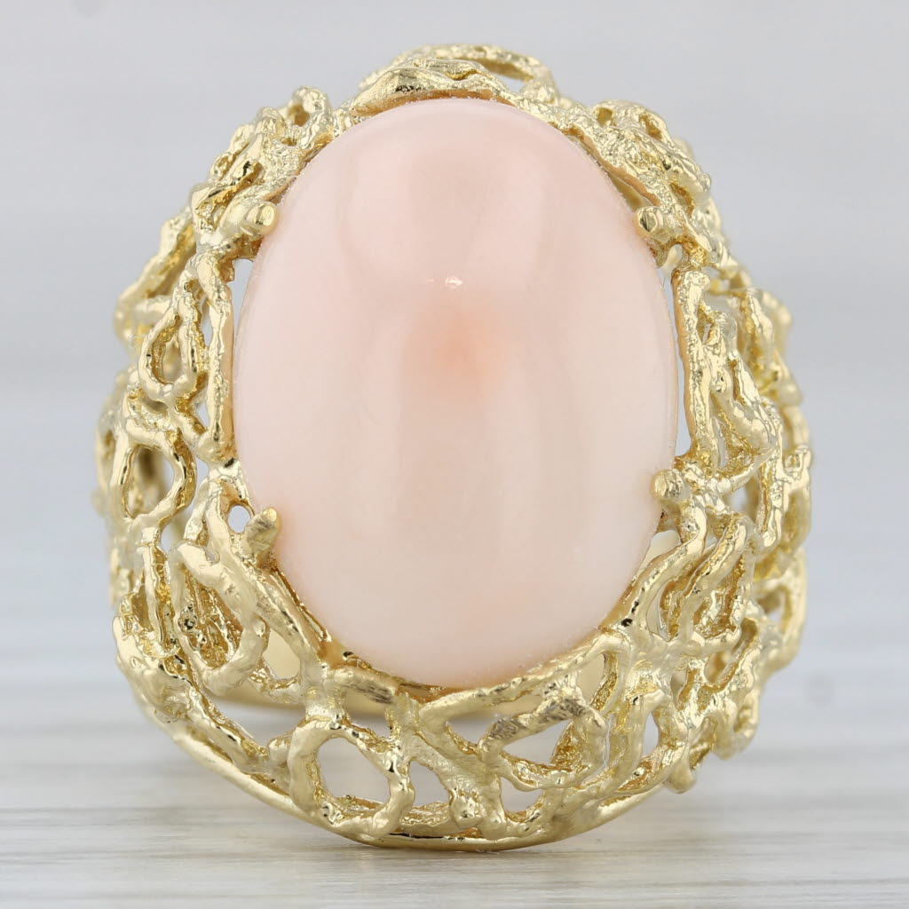 Gray Light Pink Coral Openwork Statement Ring 18k Yellow Gold Size 6 Oval Cabochon