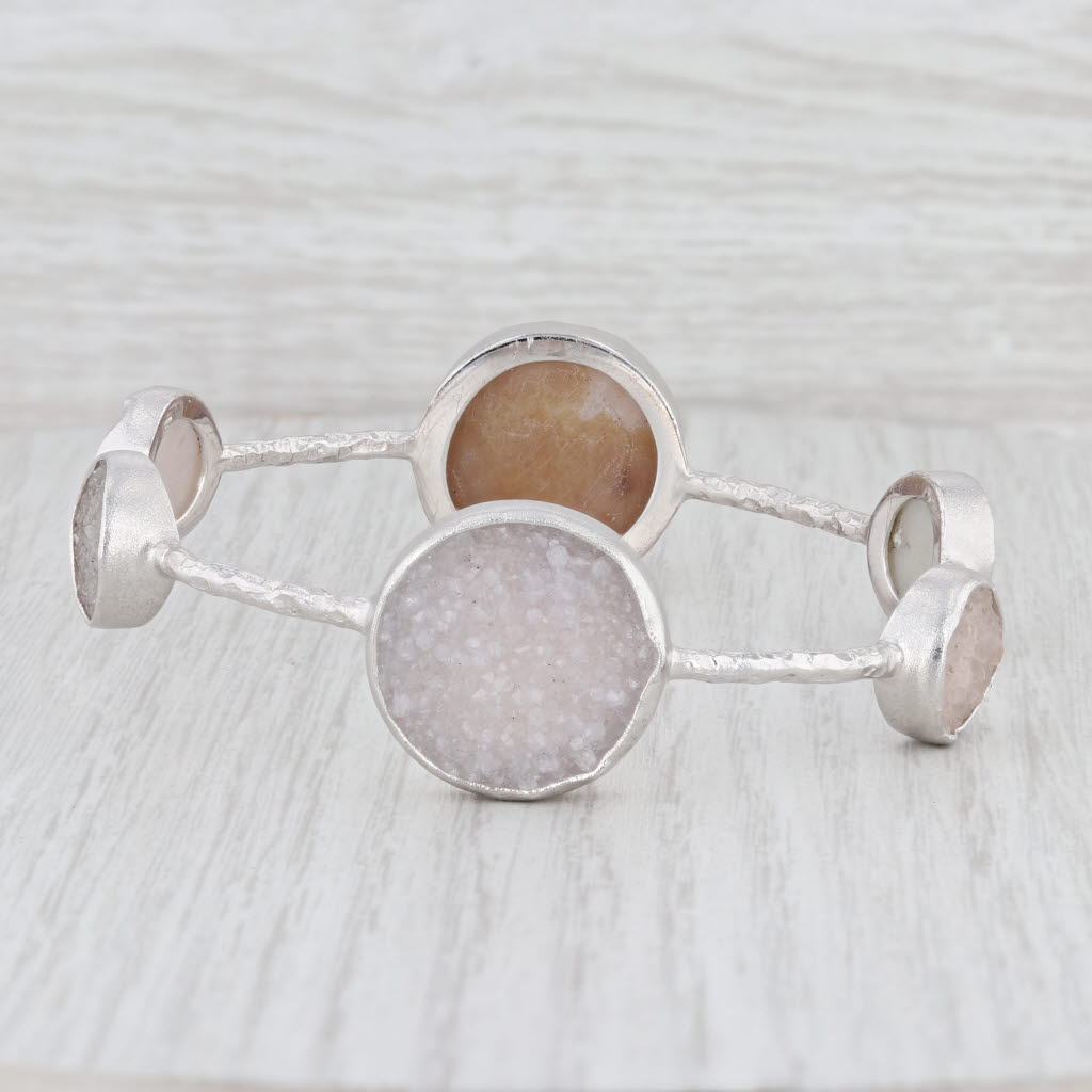 New Nina Wynn Bangle Bracelet Druzy White Sand Quartz Sterling Silver 8"
