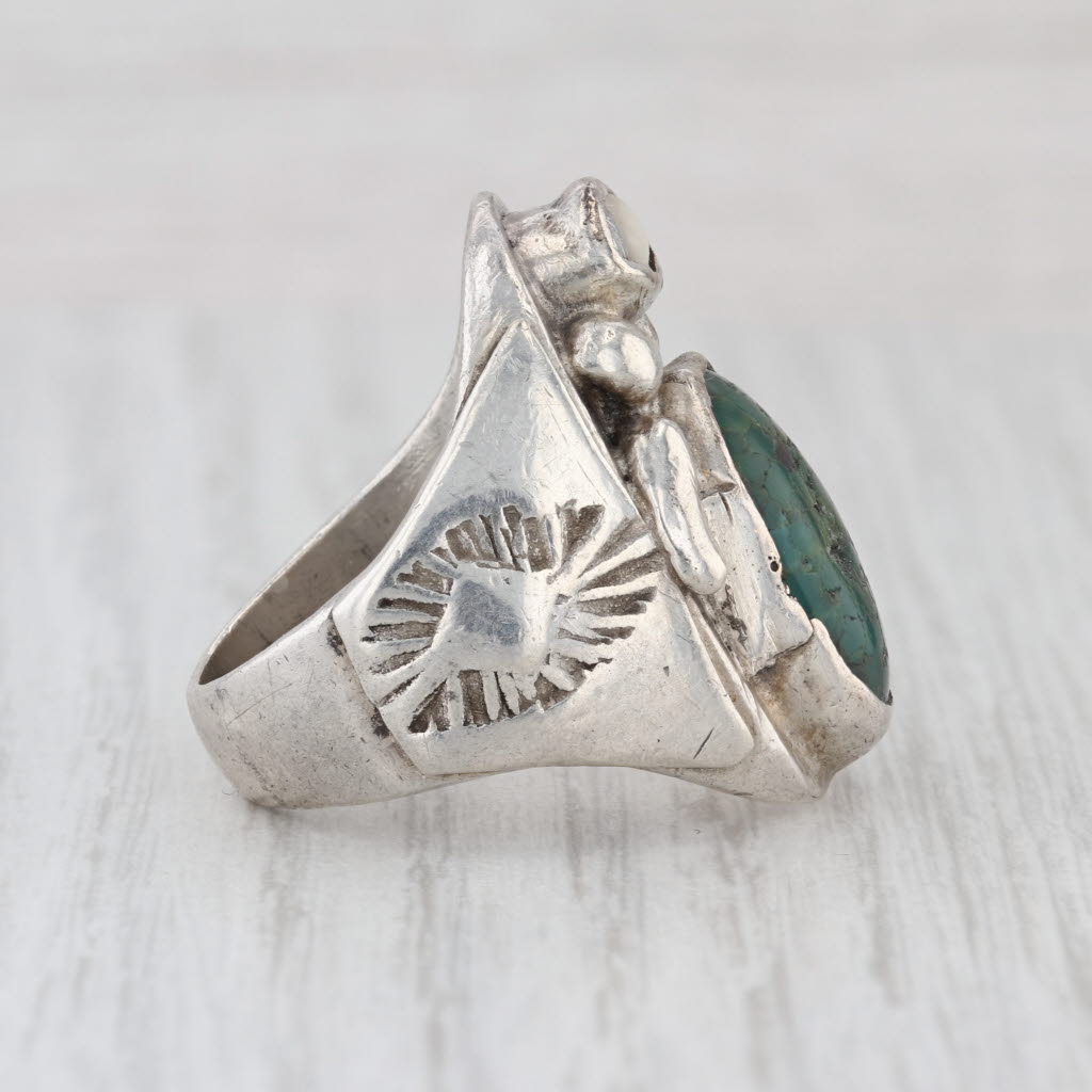 Vintage Native American Green Turquoise Shell Ring Sterling Silver Size 8.75