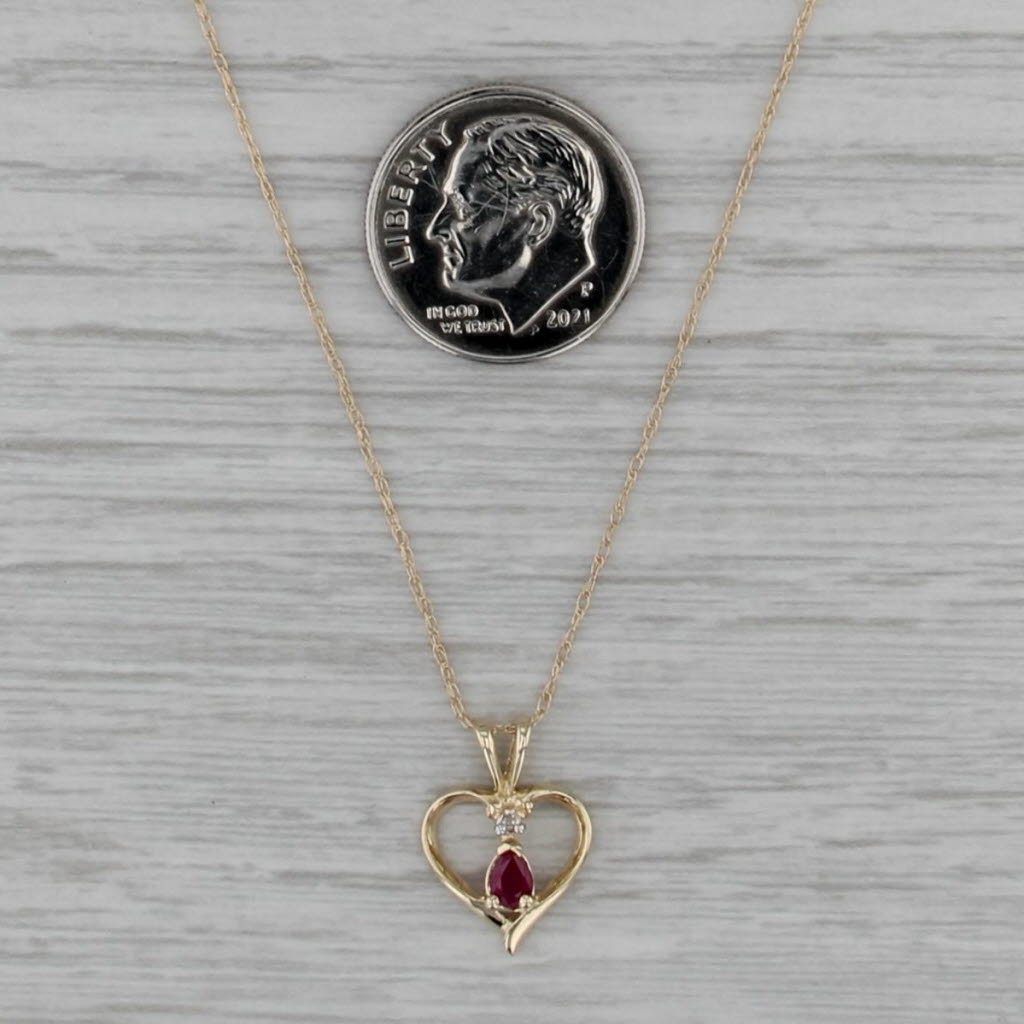 0.13ct Ruby Open Heart Pendant Necklace 10k Yellow Gold 18" Rope Chain