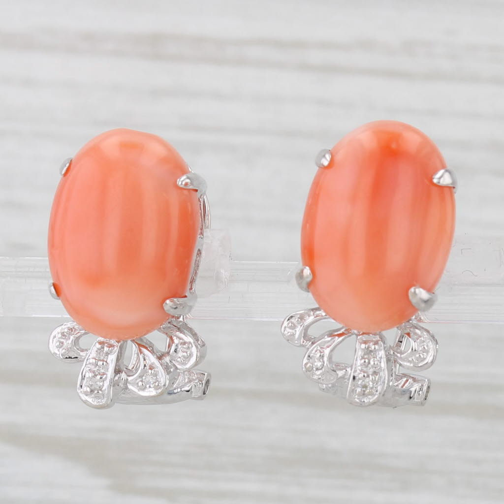 Light Gray Coral Cabochon Diamond Drop Earrings 14k White Gold Omega Backs