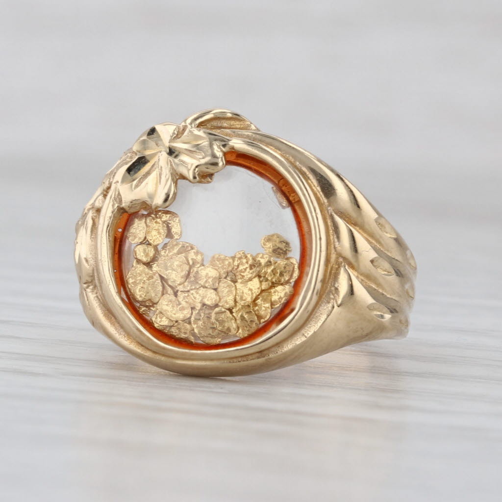 Floating Gold Nuggets Leaf Signet Ring 14k Yellow Gold Size 7 Floral