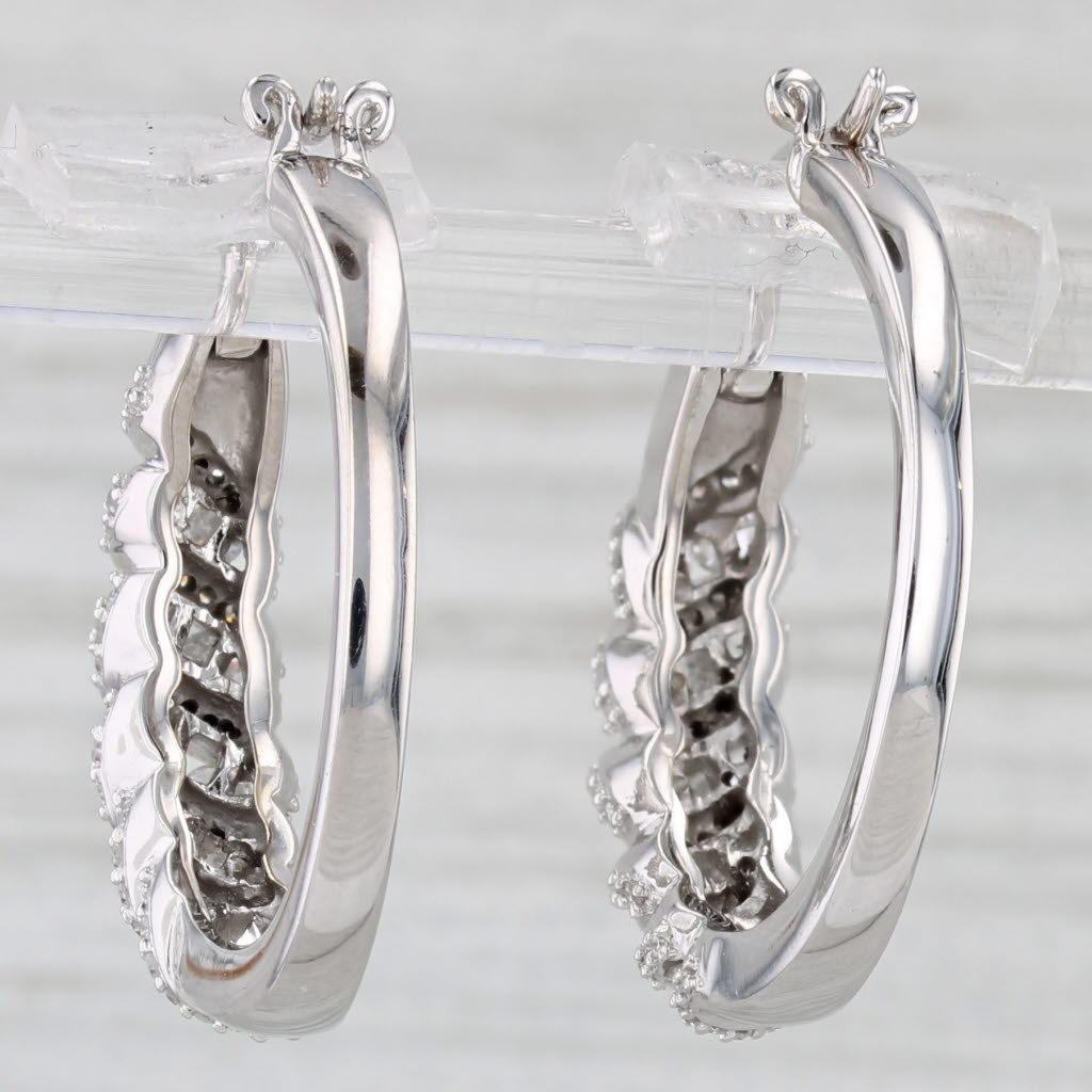 Light Gray 1ctw Scalloped Diamond Hoop Earrings 14k White Gold Snap Top Round Hoops