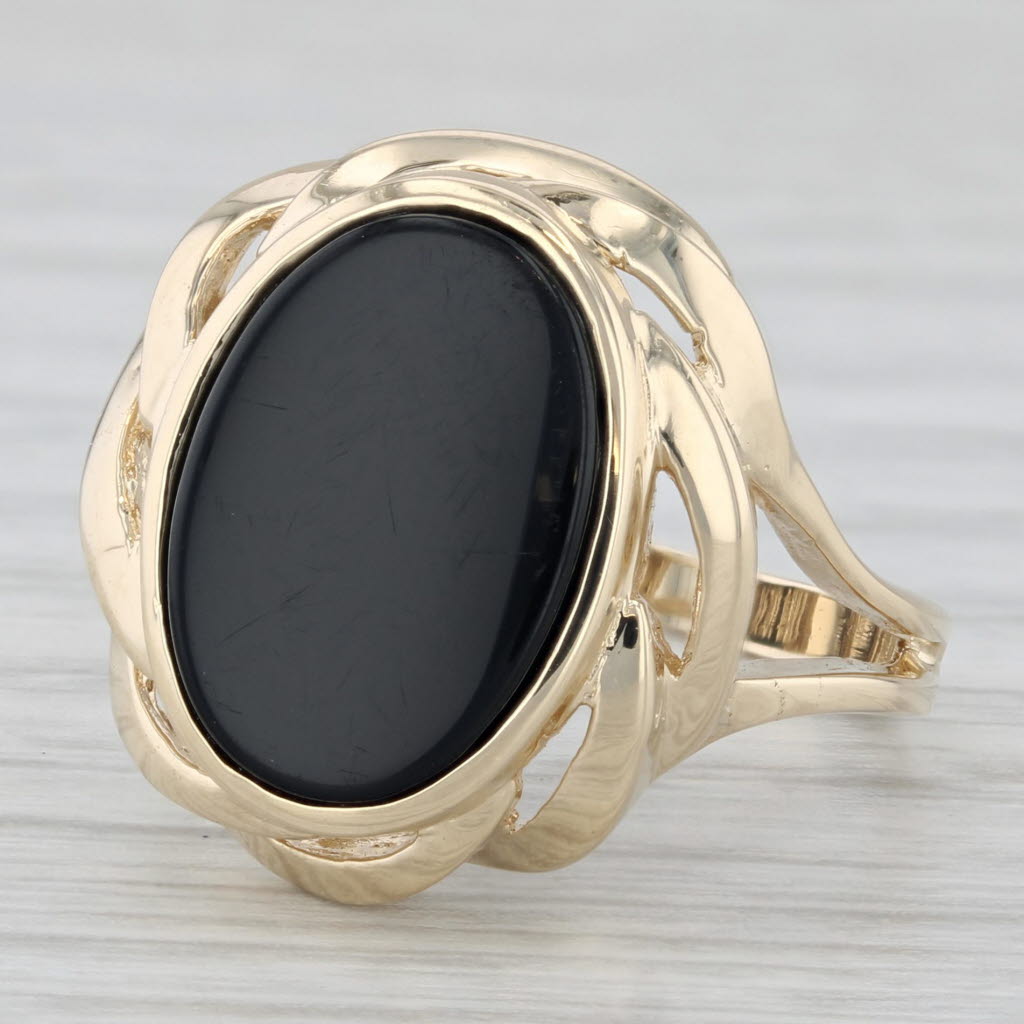 Gray Black Onyx Oval Tablet 10K Yellow Gold Statement Ring Size 6.75