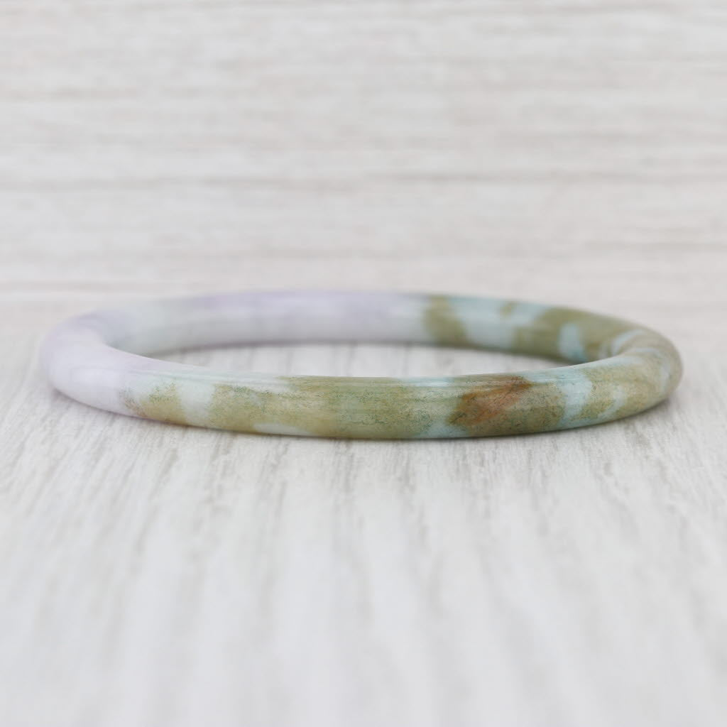 Marbled Green Jadeite Jade Bangle Bracelet 6.75” 6mm Stackable Statement