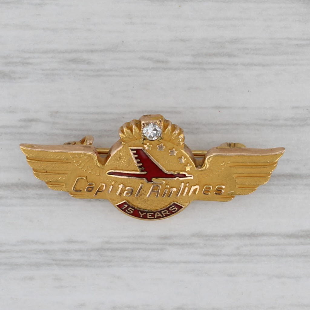 Gray Capital Airlines 15 Years Company Service 10k Gold Diamond Enamel Vintage