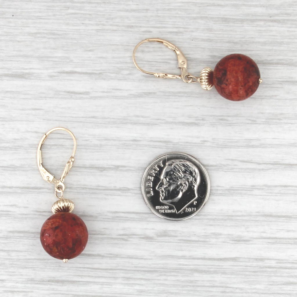 Resin Coral Bead Dangle Earrings 14k Yellow Gold Lever Backs