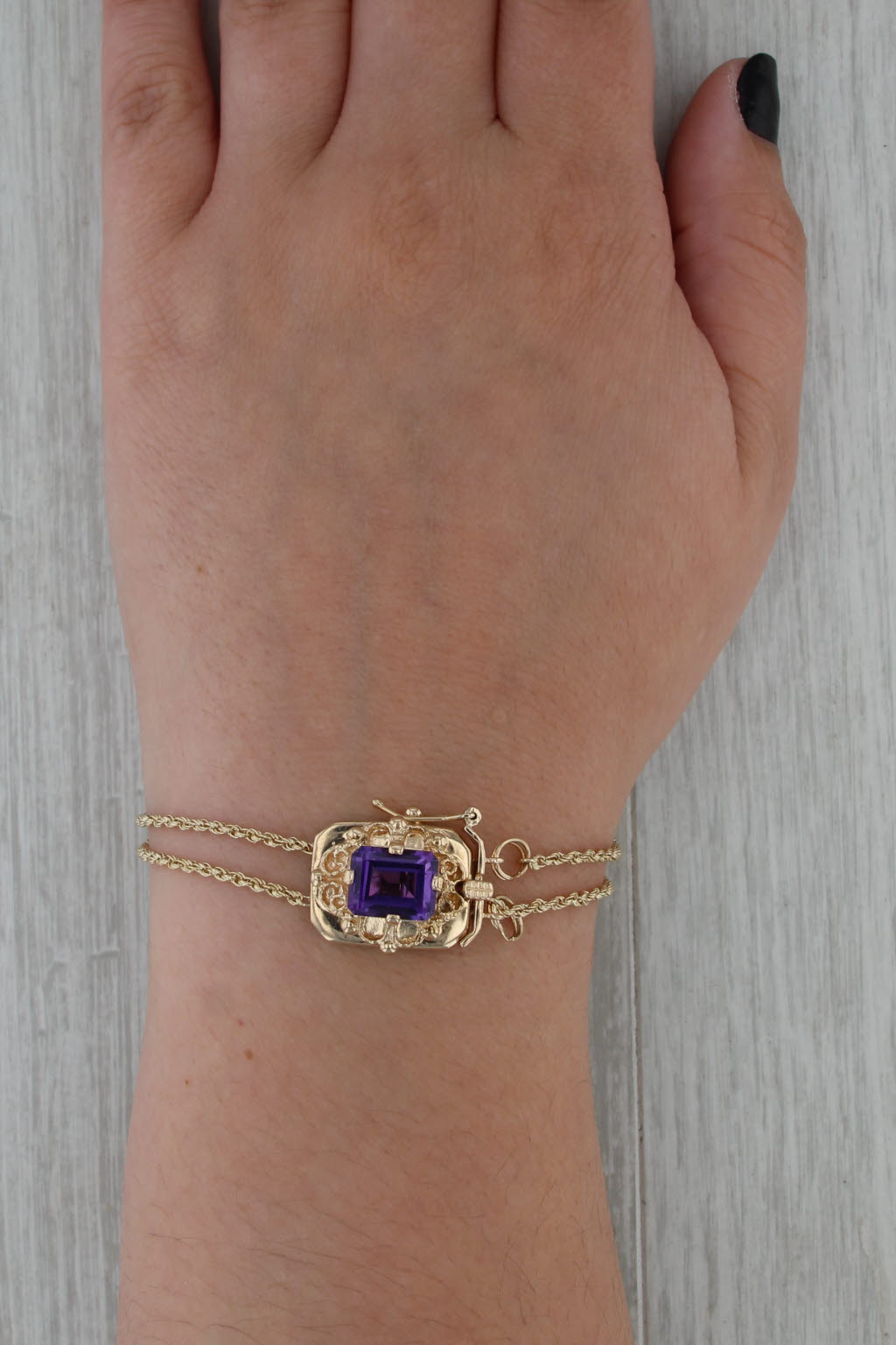 3.15ct Amethyst Slide Charm Bracelet 14k Yellow Gold 7.75" Double Rope Chain