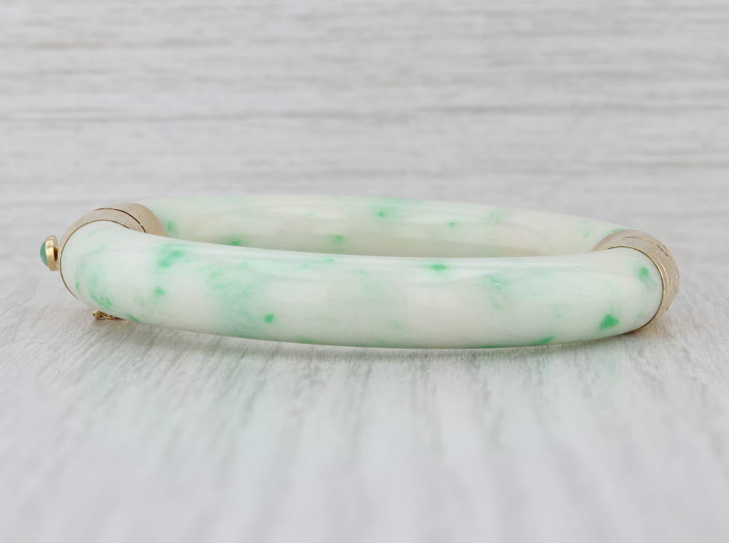 Green Jadeite Jade Bangle Bracelet Floral 14k Yellow Gold 7" 10.1mm