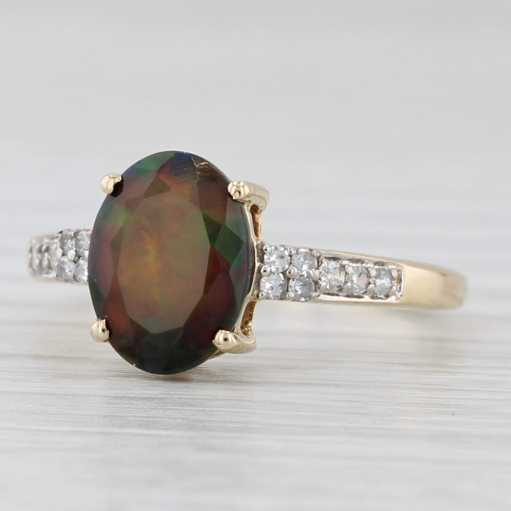 Light Gray Oval Black (Green) Opal Diamond Ring 10k Yellow Gold Size 5