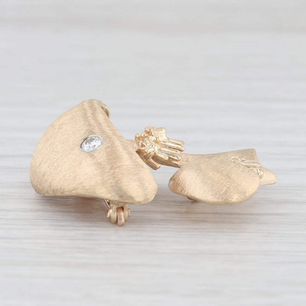 Light Gray Diamond Solitaire Mushroom Brooch 14k Yellow Gold Statement Pin