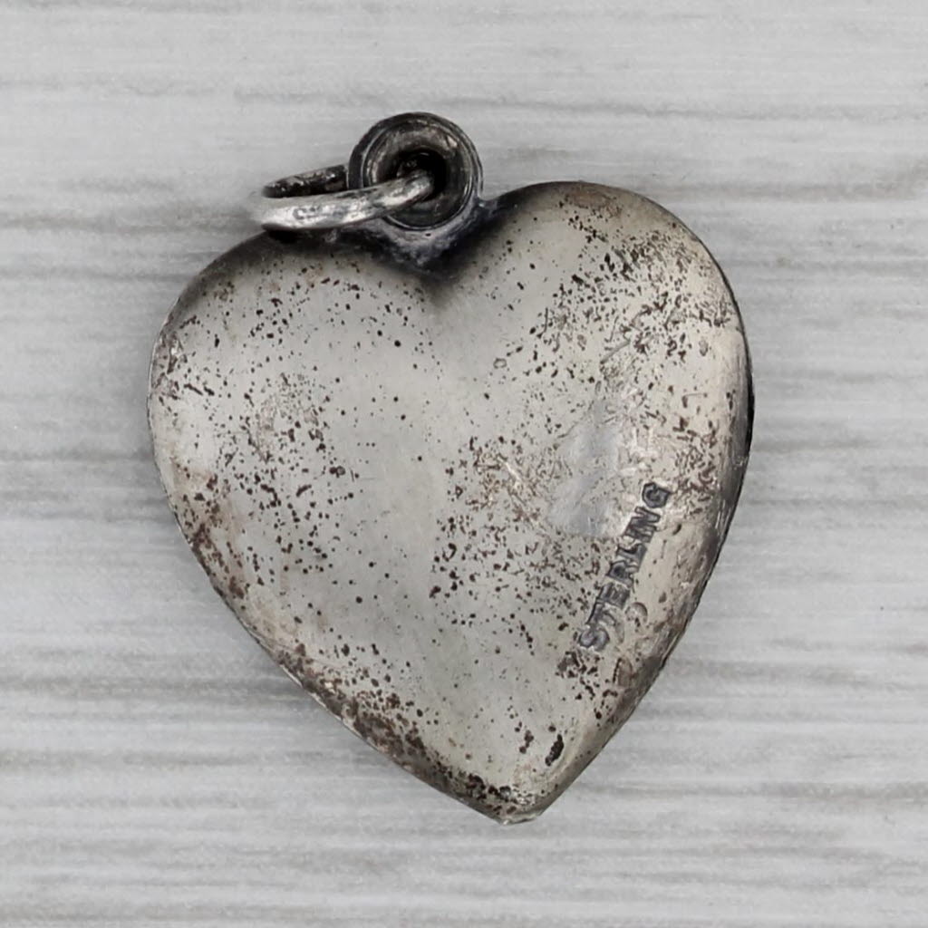 Gray Vintage Puffy Heart Charm Silver Ornate Pendant