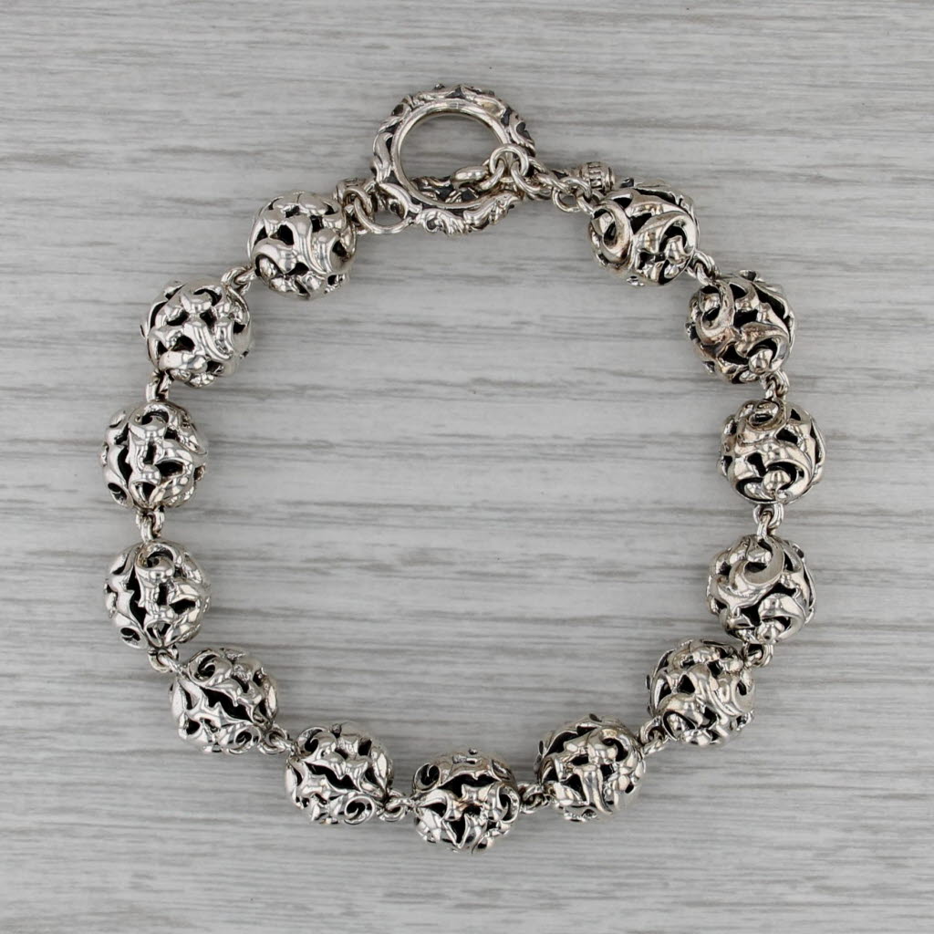 Krypell Ornate Openwork Bead Bracelet Sterling Silver 8.5" 11.3mm Toggle Clasp