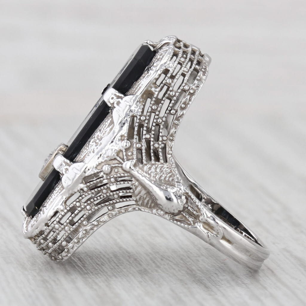 Light Gray Art Deco Bird Ring 14k White Gold Filigree Diamond Heart Parrots Peacocks Size 5