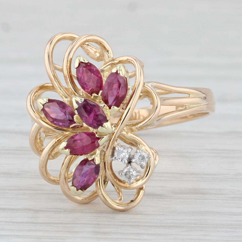 Light Gray 0.70ctw Ruby Diamond Ring 14k Yellow Gold Size 7.25 Flower Cluster