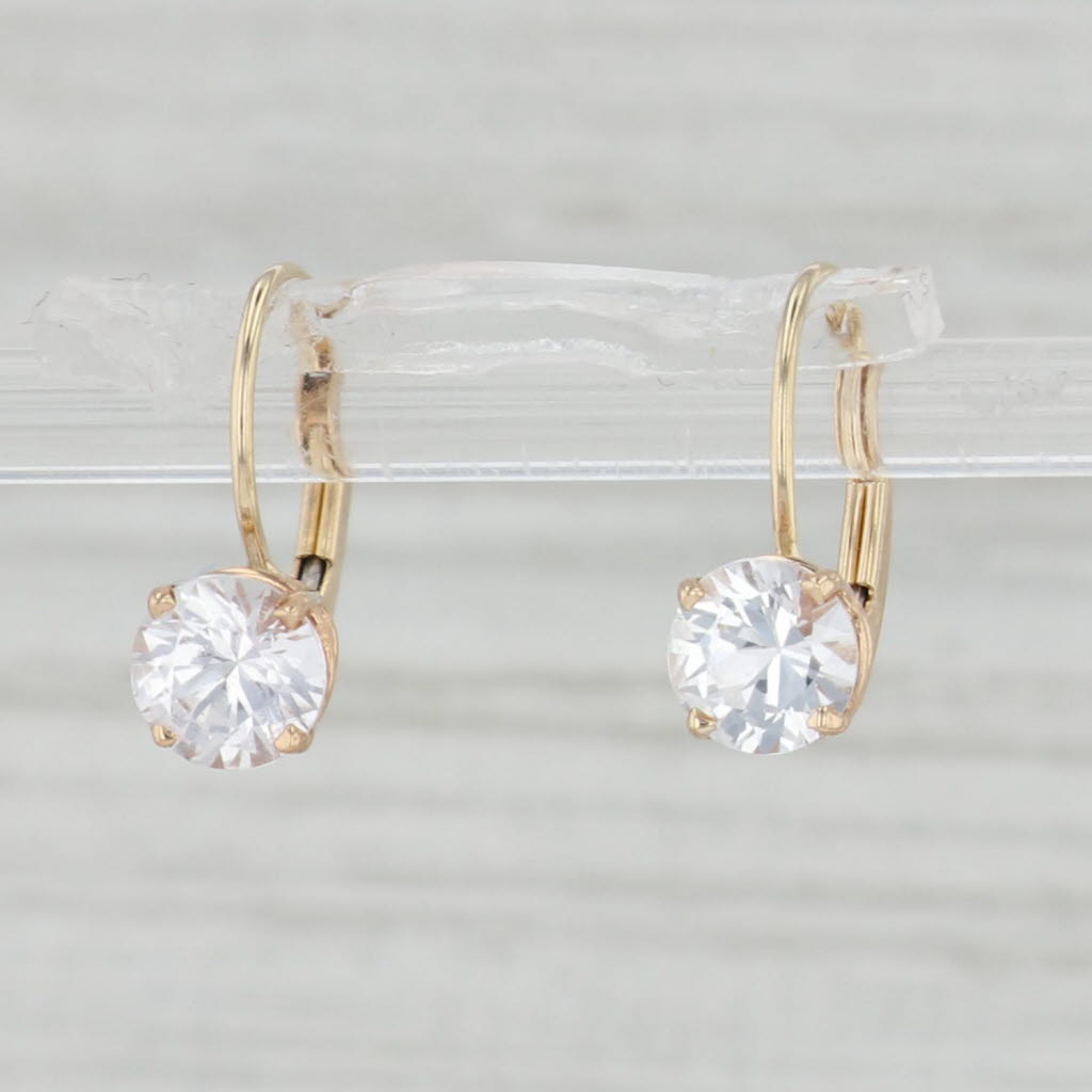 Light Gray 1.60ctw White Sapphire Drop Earrings 14k Yellow Gold Leverback Round Solitaires