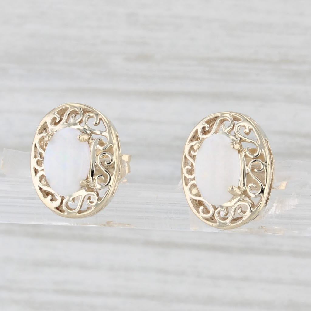 Light Gray Oval Cabochon Opal Stud Earrings 10k Yellow Gold