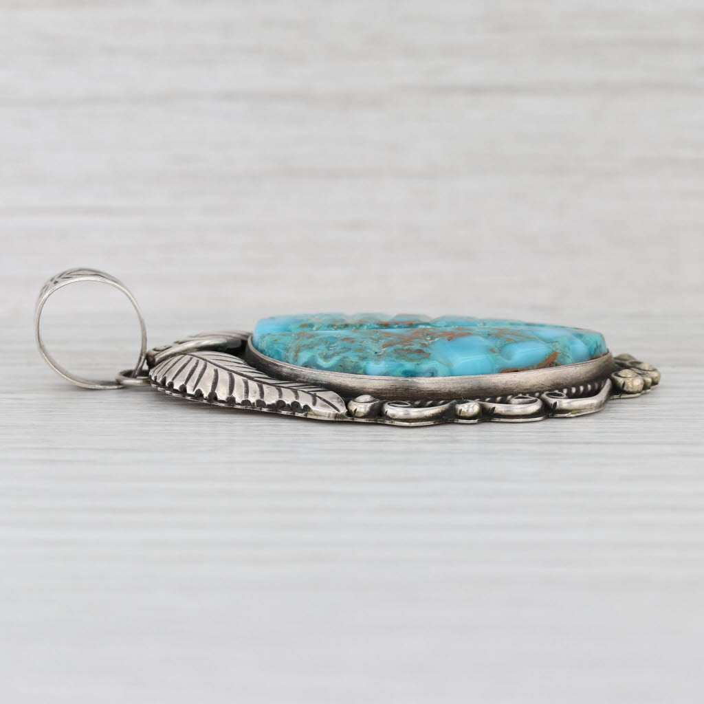Turquoise Native American Feather Pendant Sterling Silver Signed Statement