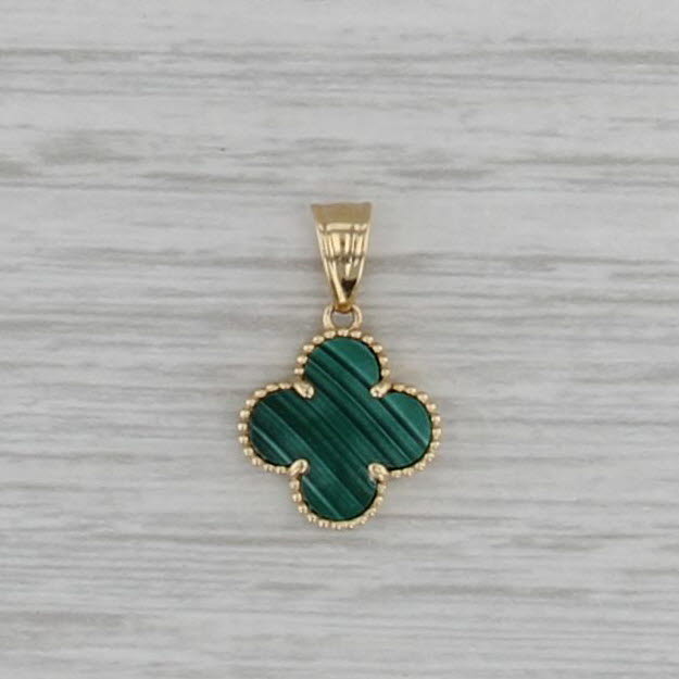 Malachite Clover Flower Pendant 14k Yellow Gold Small Drop Charm