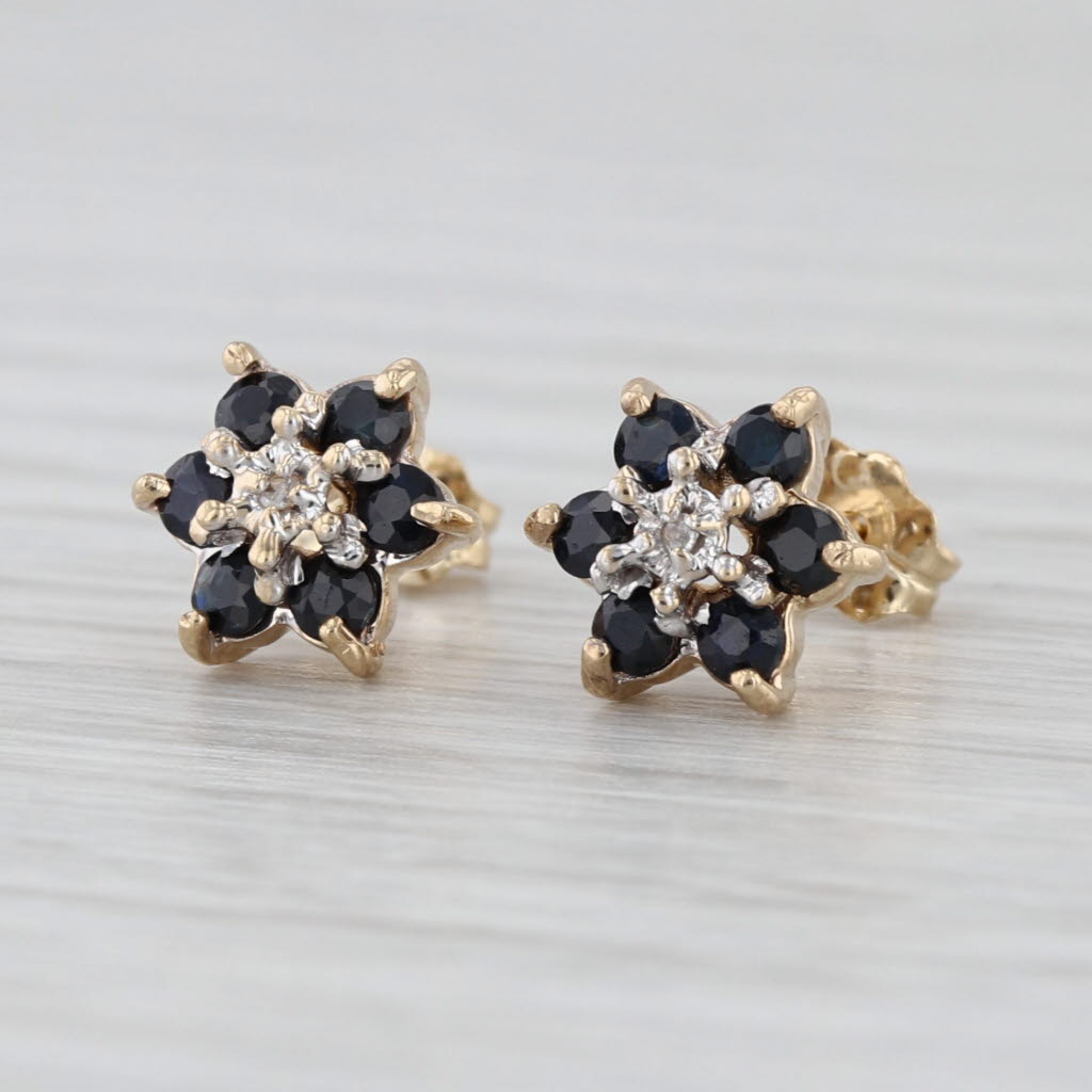 0.66ctw Blue Sapphire Diamond Flower Stud Earrings 10k Yellow Gold Studs