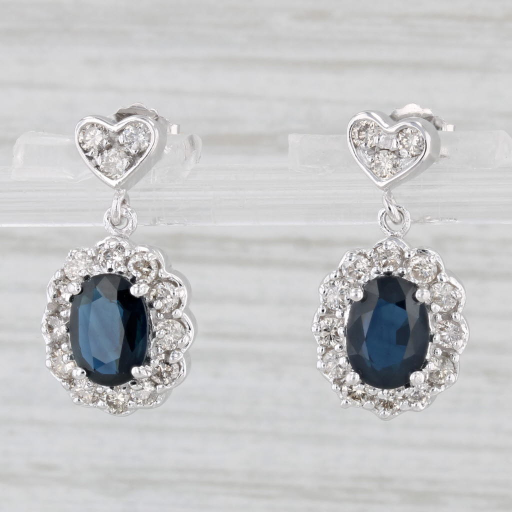 Light Gray 2.63ctw Blue Sapphire Diamond Halo Heart Dangle Earrings 14k White Gold