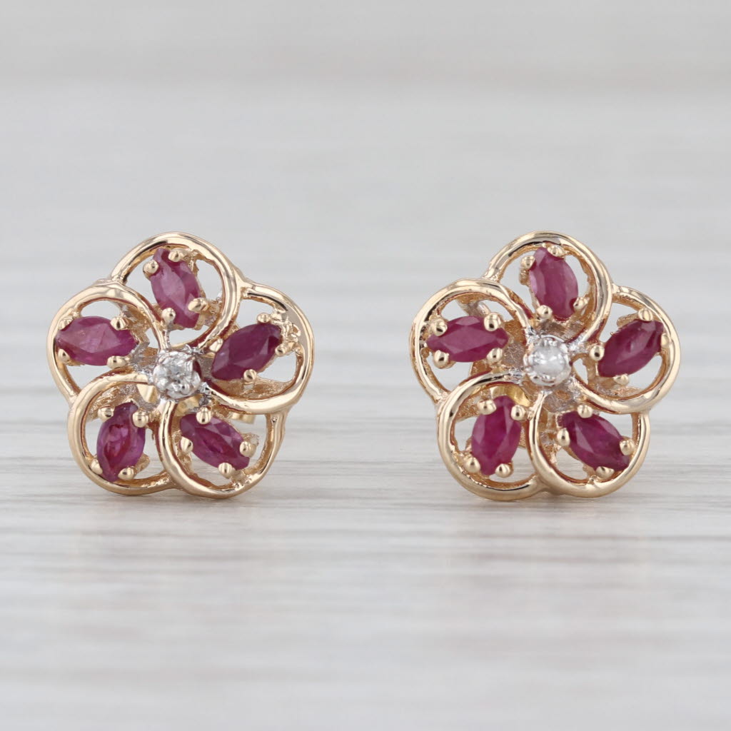 0.80ctw Ruby Flower Stud Earrings 14k Yellow Gold Studs Diamond Accents